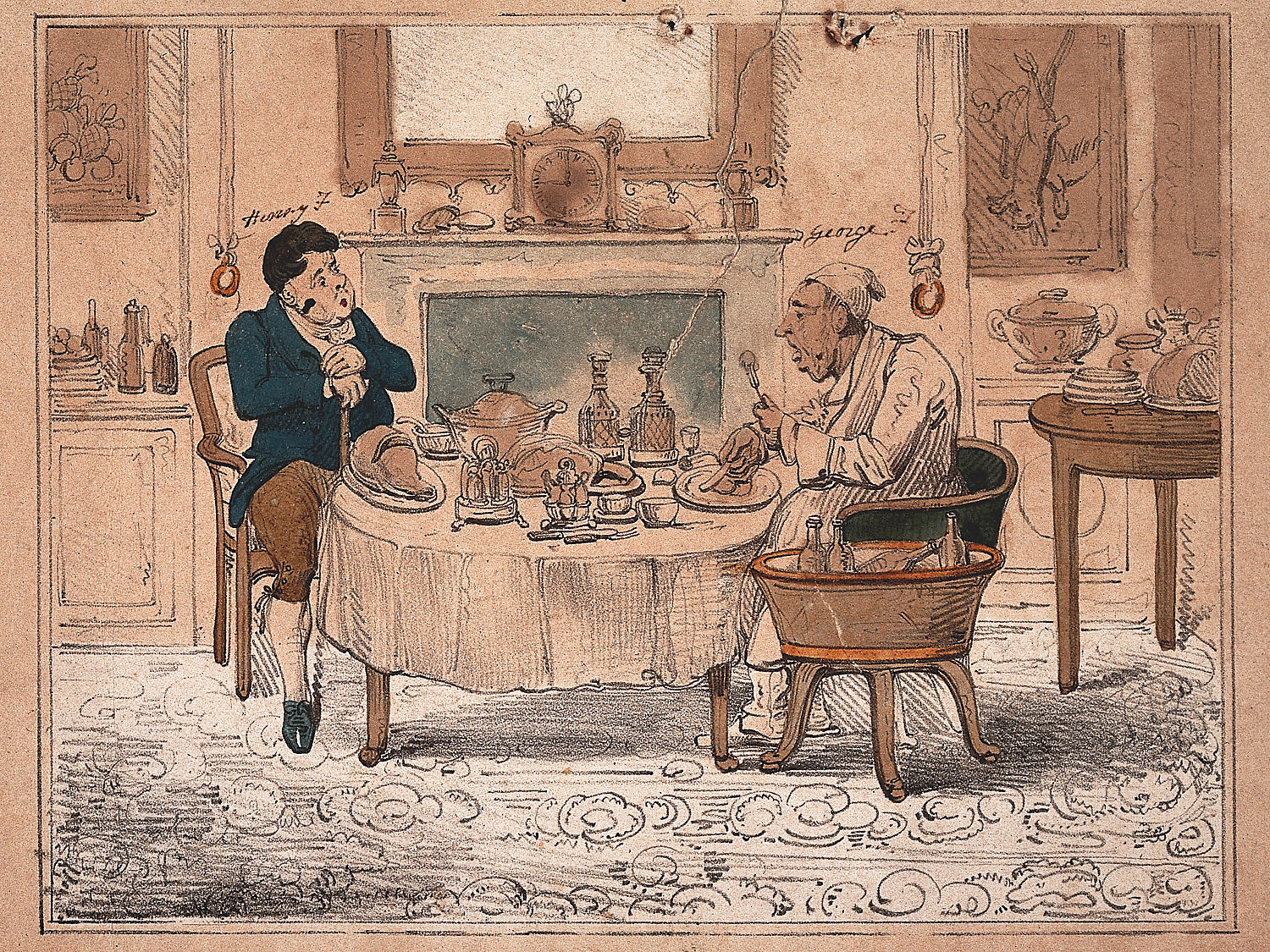 Ilustración antigua de un hombre enfermo frente a una mesa llena de comida, símbolo de exceso y carencia. Imagen alusiva al diálogo de El Sunset Limited de Cormac McCarthy sobre la creatividad nacida de la necesidad.